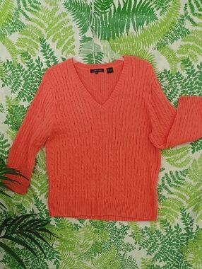 Vintage JEANNE PIERRE Coral Cable Knit V-Neck Sweater